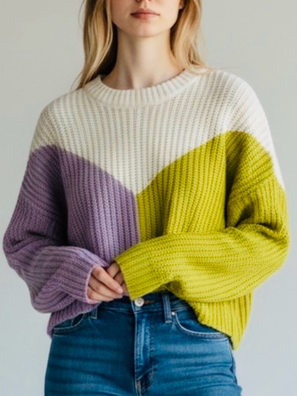 NWT Sincerely Jules Large Color Block Crop Knit Sweater Lavender Mustard Ivory